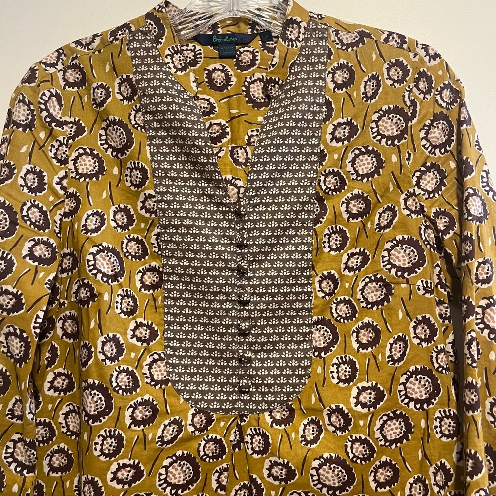 Boden Eliza Embroidered Bib Blouse Mustard Floral 100% Cotton Boho Block Print - Picture 2 of 10